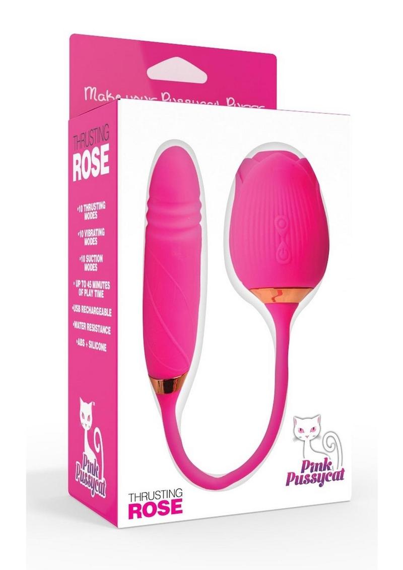 Pink Pussycat Vibrating Thrusting Rechargeable Silicone Rose with Remote - Pink
